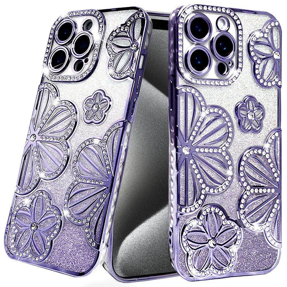 for ip15 pro max shimmer glitter floral design thick tpu case cover purple