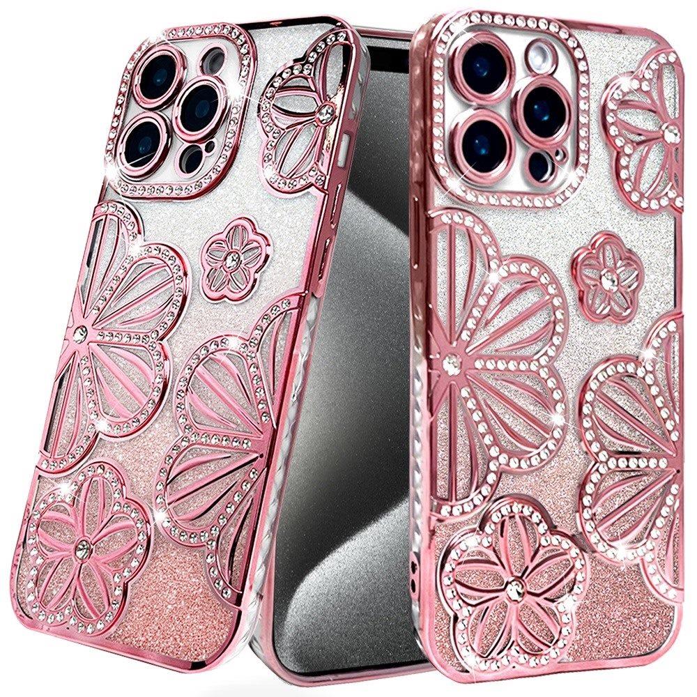 for ip15 pro max shimmer glitter floral design thick tpu case cover rose gold