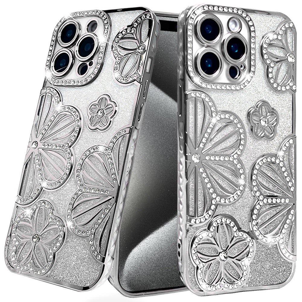 for ip15 pro max shimmer glitter floral design thick tpu case cover silver