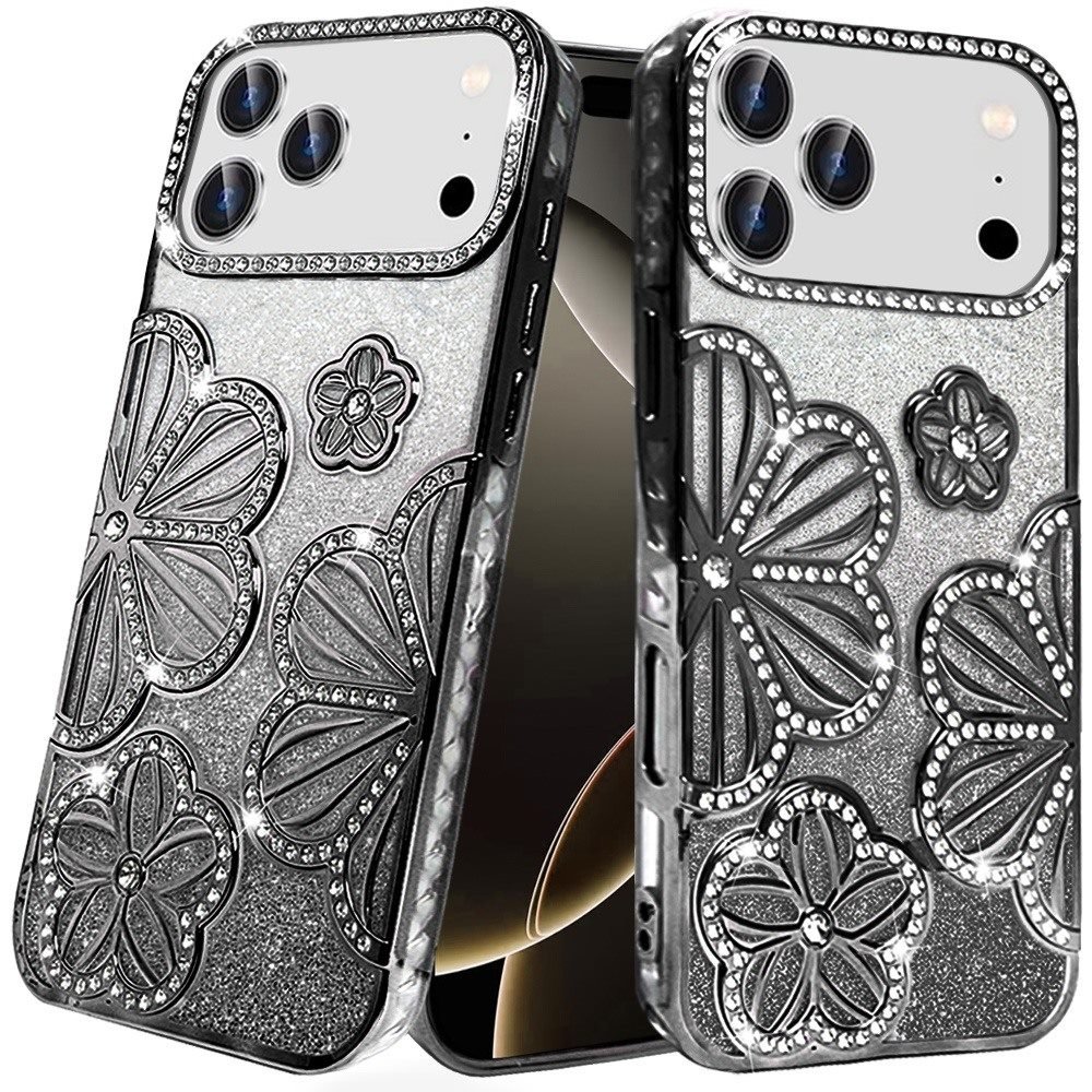 for iphone 17 pro pro shimmer glitter floral design thick tpu case cover black