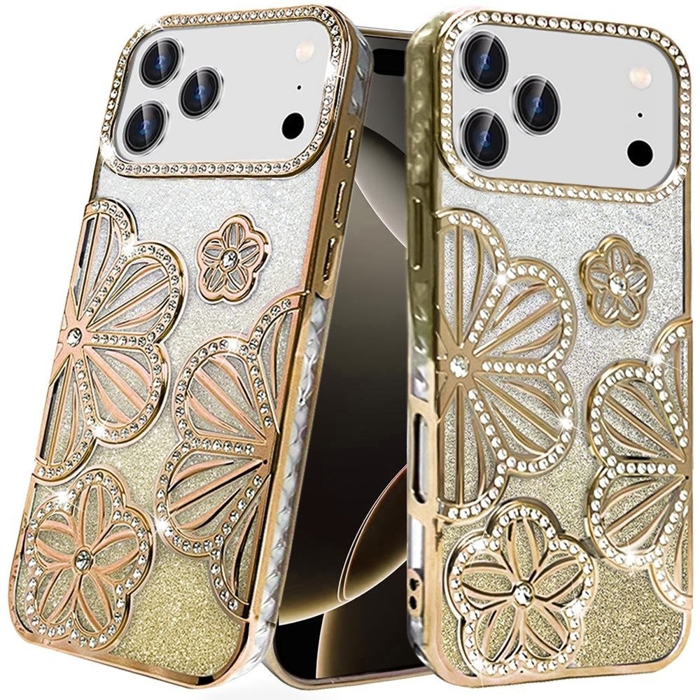 for iphone 17 pro pro shimmer glitter floral design thick tpu case cover gold