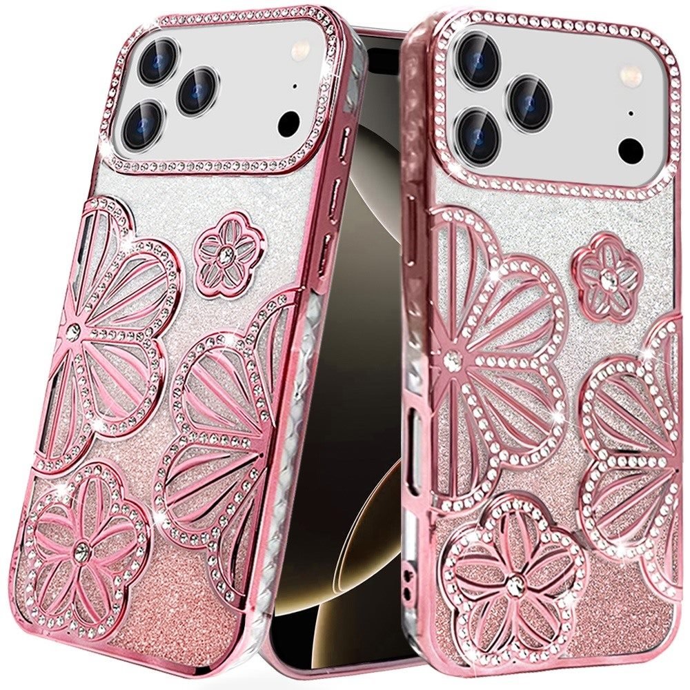 for iphone 17 pro pro shimmer glitter floral design thick tpu case cover rose gold