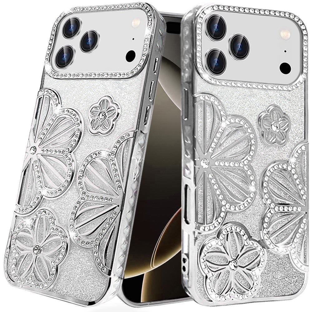for iphone 17 pro pro shimmer glitter floral design thick tpu case cover silver