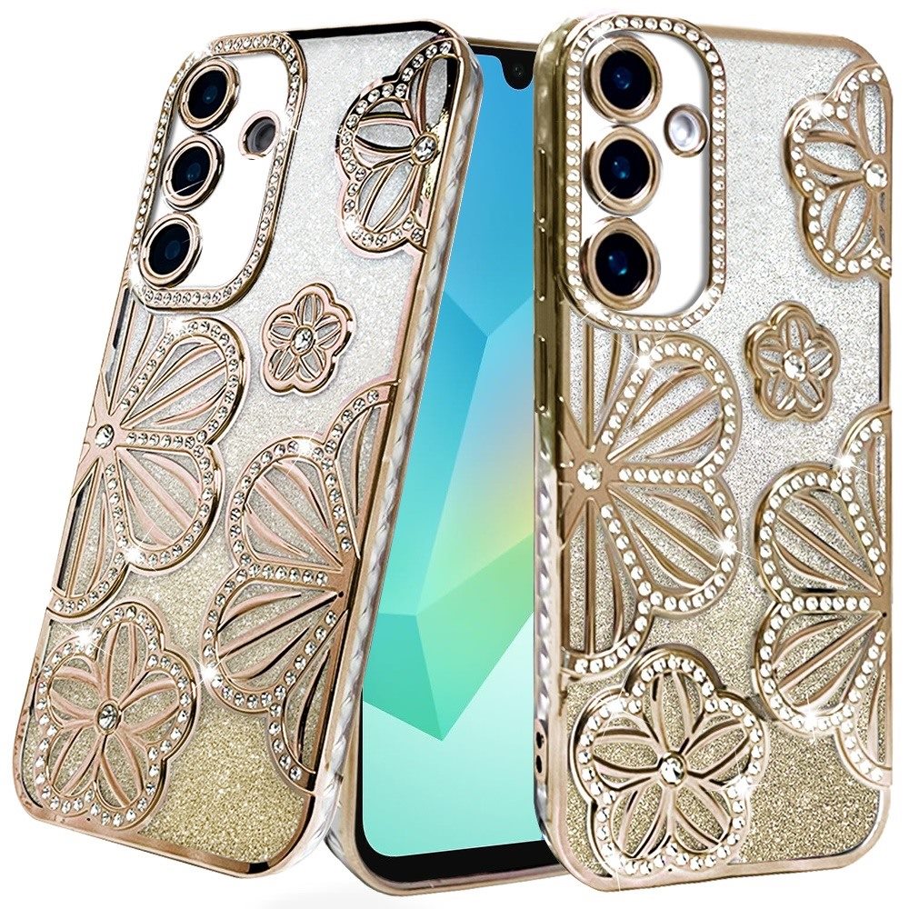 for samsung a16 5g shimmer glitter floral design thick tpu case cover gold