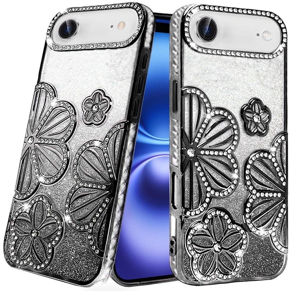 for iphone 17 air air shimmer glitter floral design thick tpu case cover black
