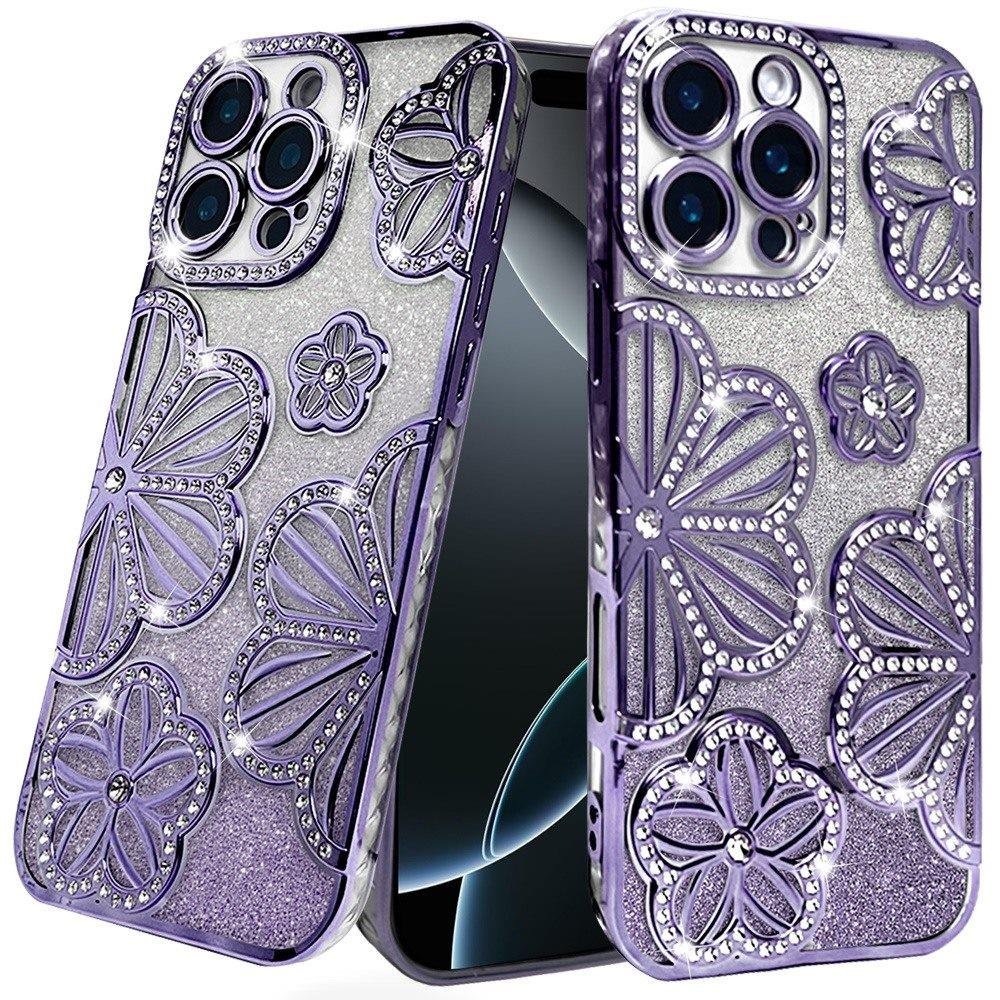 for iphone 16 pro max 6.9 shimmer glitter floral design thick tpu case cover purple