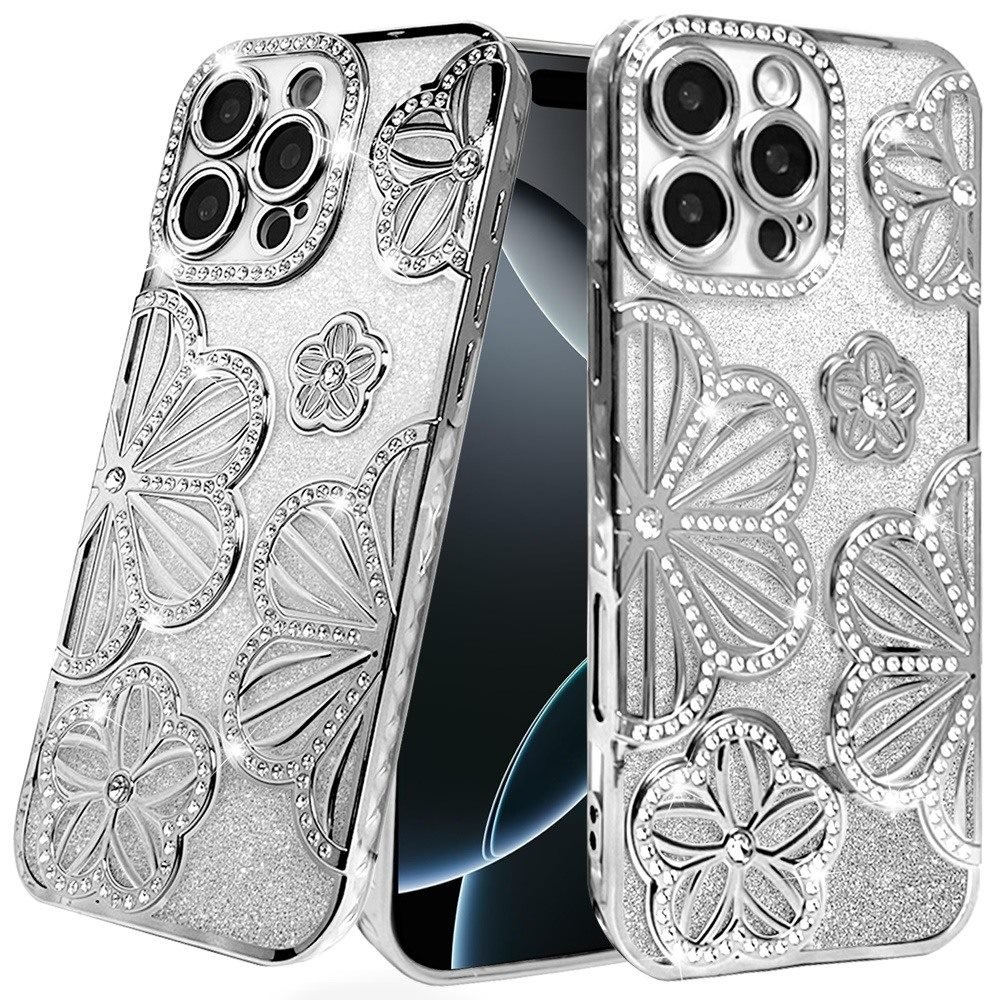 for iphone 16 pro max 6.9 shimmer glitter floral design thick tpu case cover silver