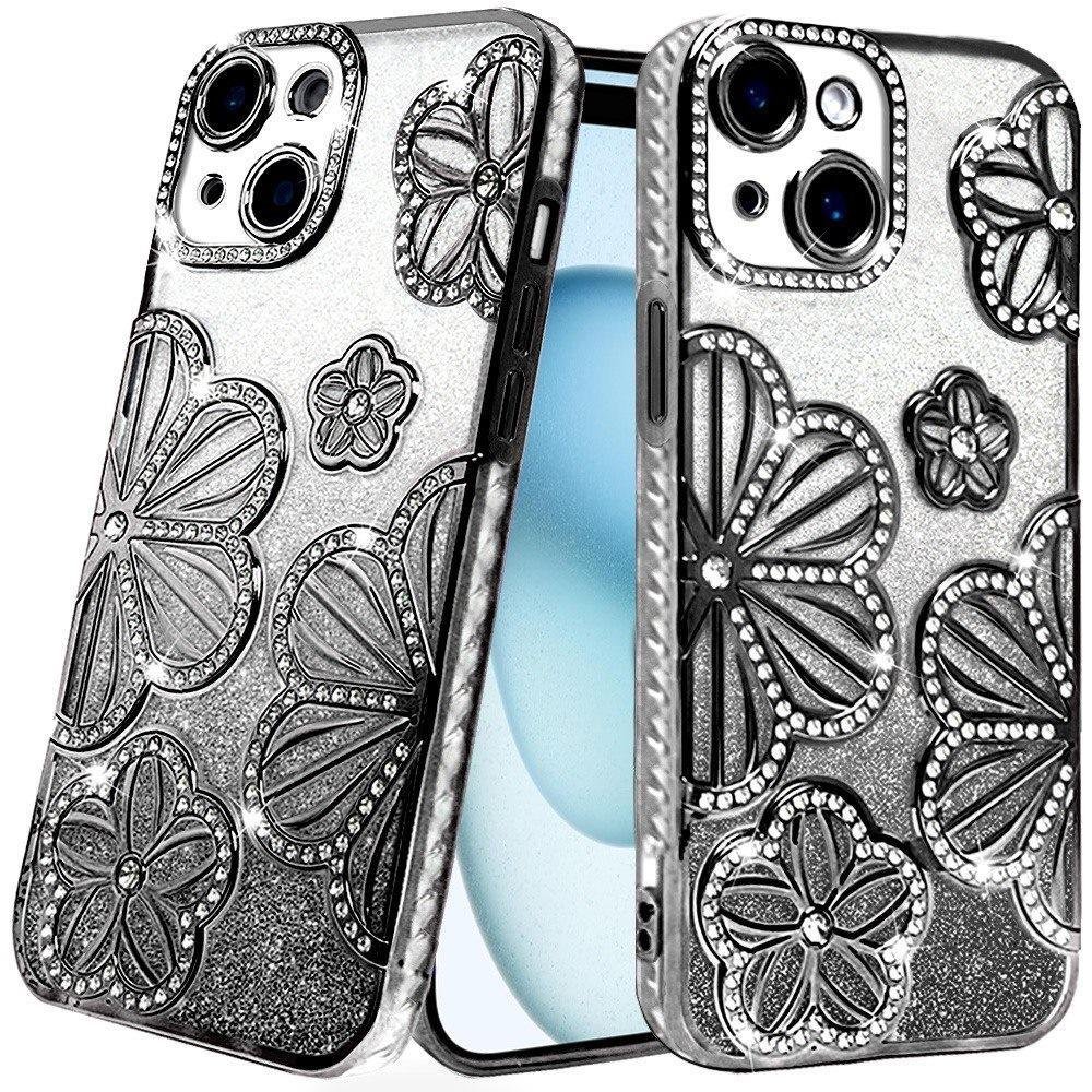 for iphone 15 plus/iphone 14 plus shimmer glitter floral design thick tpu case cover black