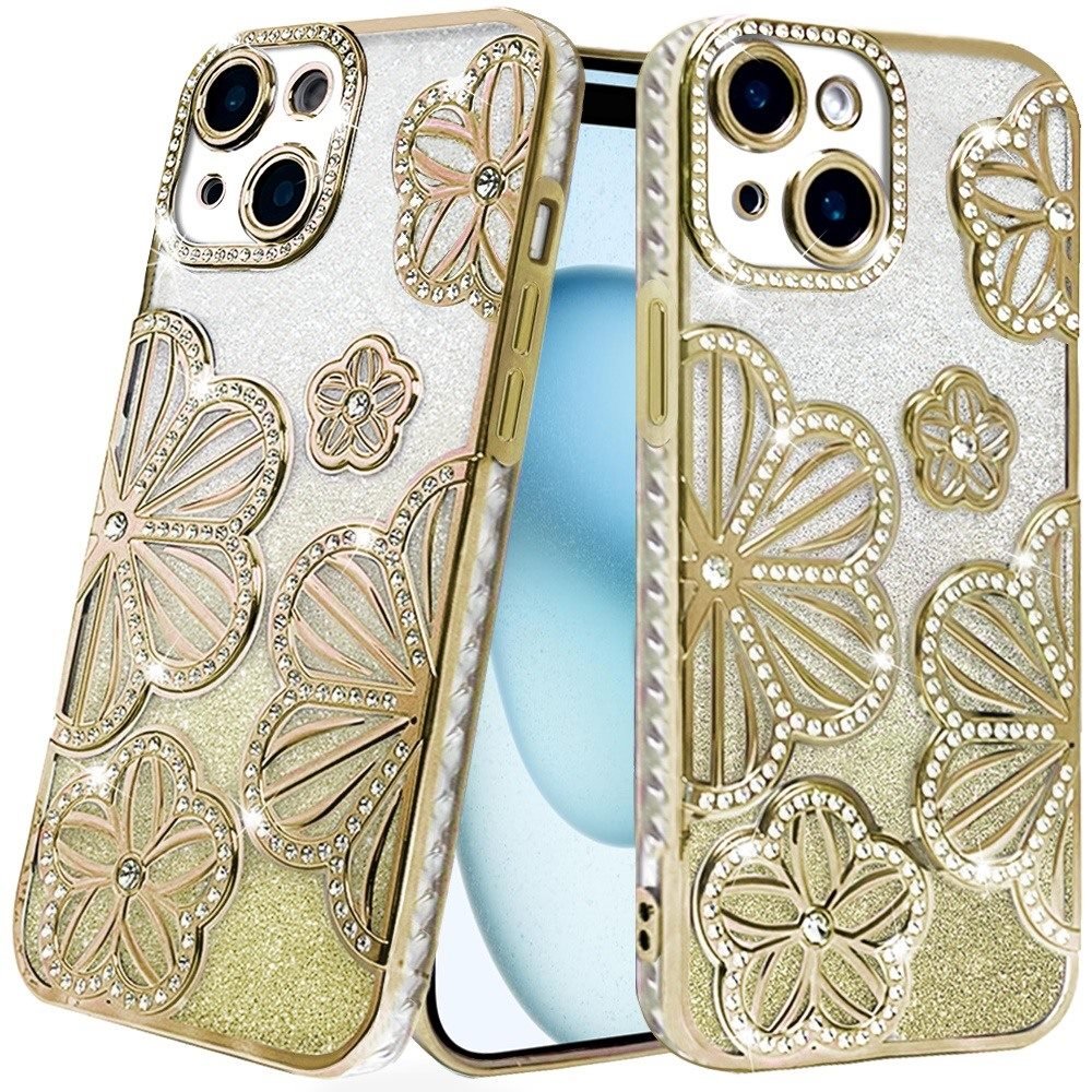 for iphone 15 plus/iphone 14 plus shimmer glitter floral design thick tpu case cover gold