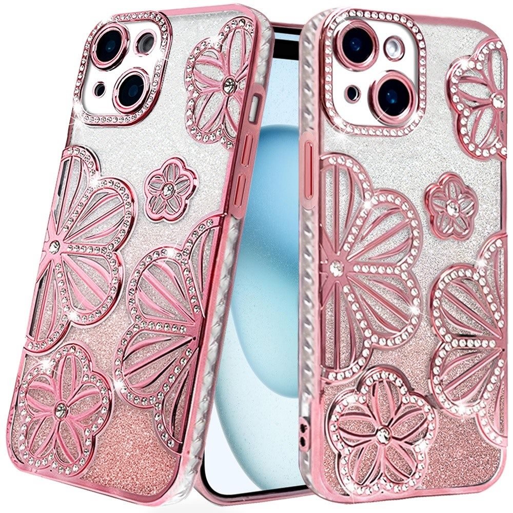 for iphone 15 plus/iphone 14 plus shimmer glitter floral design thick tpu case cover rose gold