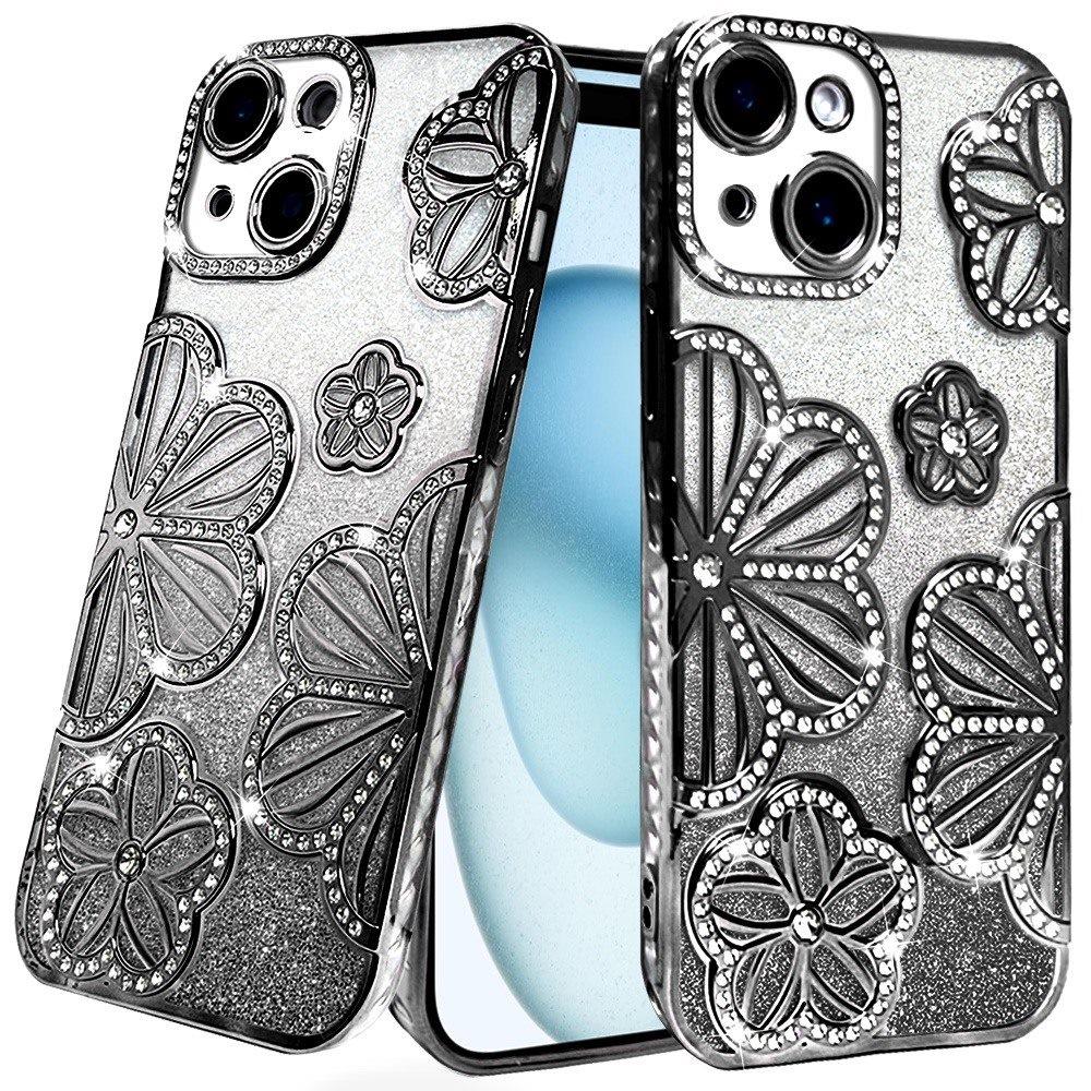for iphone 15 shimmer glitter floral design thick tpu case cover black