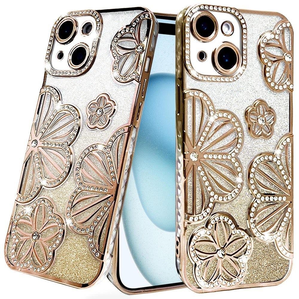 for iphone 15 shimmer glitter floral design thick tpu case cover gold