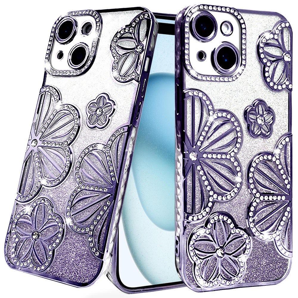 for iphone 15 shimmer glitter floral design thick tpu case cover purple