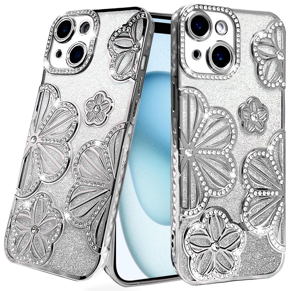 for iphone 15 shimmer glitter floral design thick tpu case cover silver