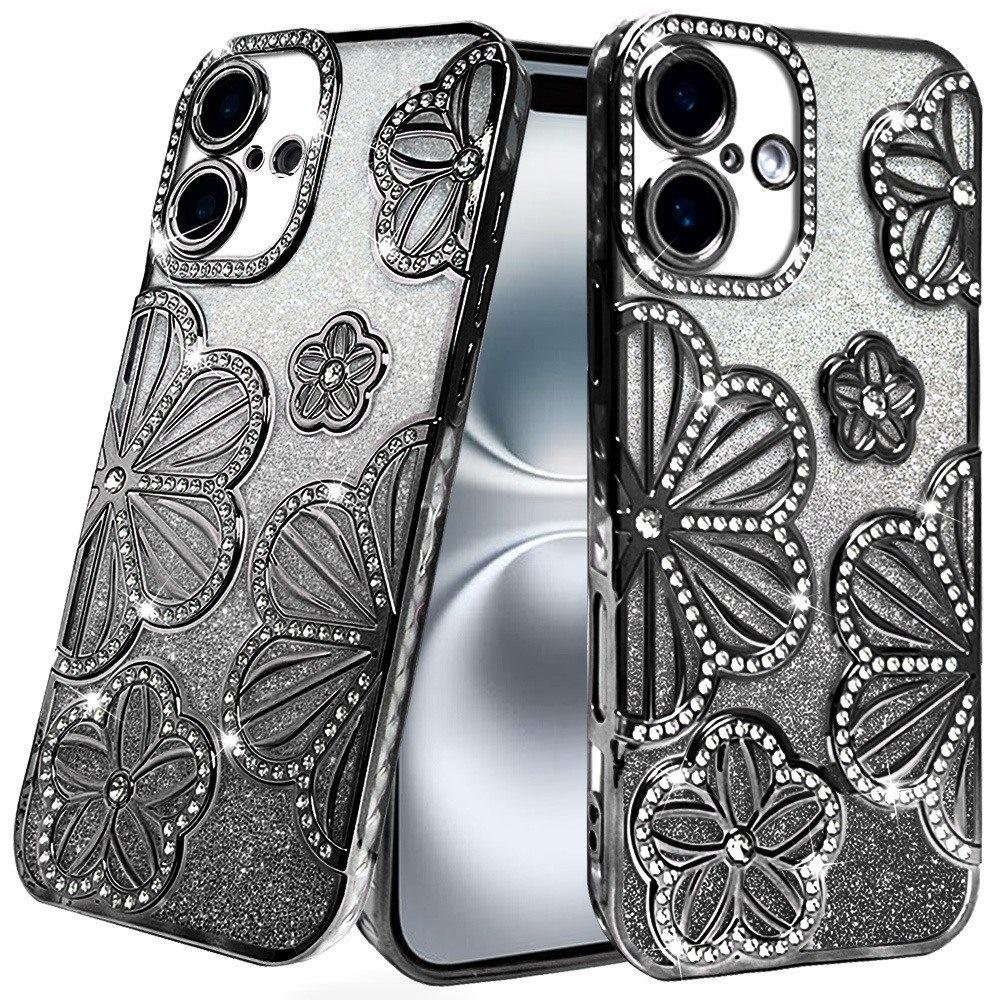 for iphone 16 6.1 inch shimmer glitter floral design thick tpu case cover black