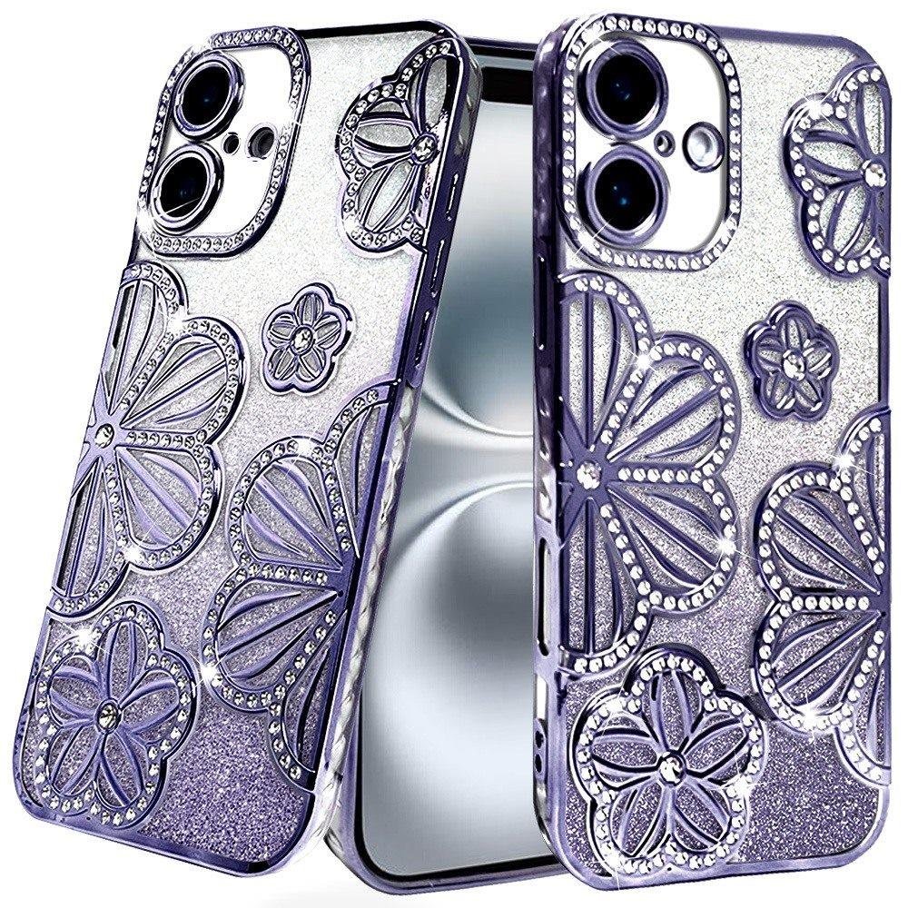 for iphone 16 6.1 inch shimmer glitter floral design thick tpu case cover purple