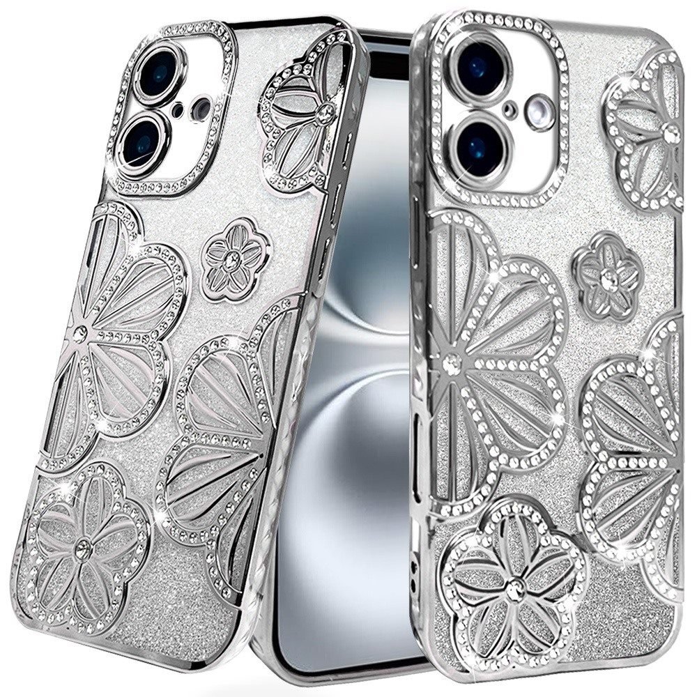for iphone 16 6.1 inch shimmer glitter floral design thick tpu case cover silver
