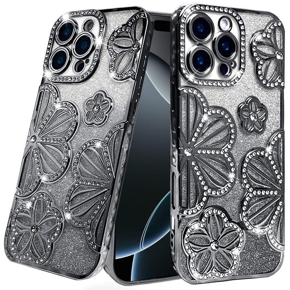 for iphone 16 pro 6.3 inch shimmer glitter floral design thick tpu case cover black