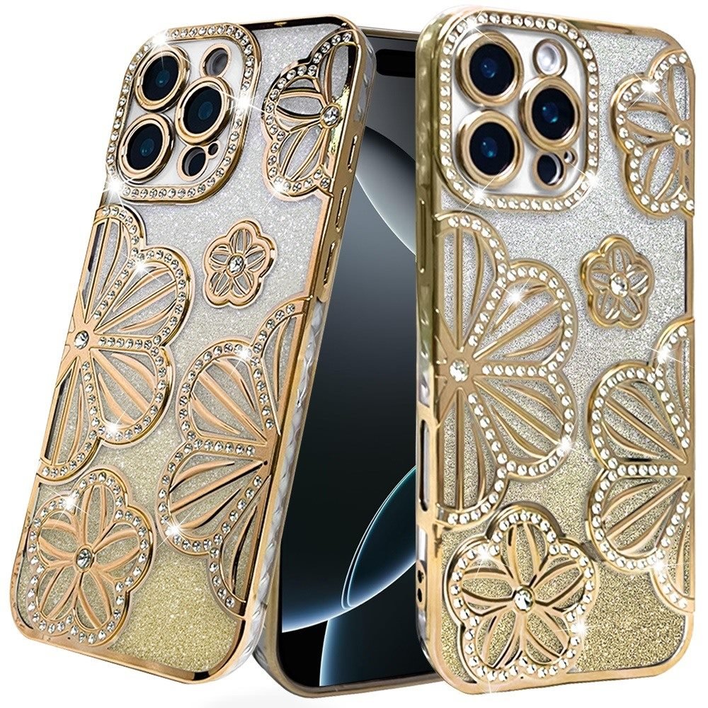 for iphone 16 pro 6.3 inch shimmer glitter floral design thick tpu case cover gold