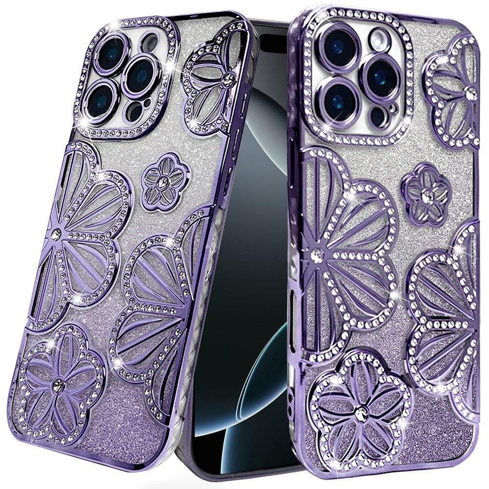 for iphone 16 pro 6.3 inch shimmer glitter floral design thick tpu case cover purple