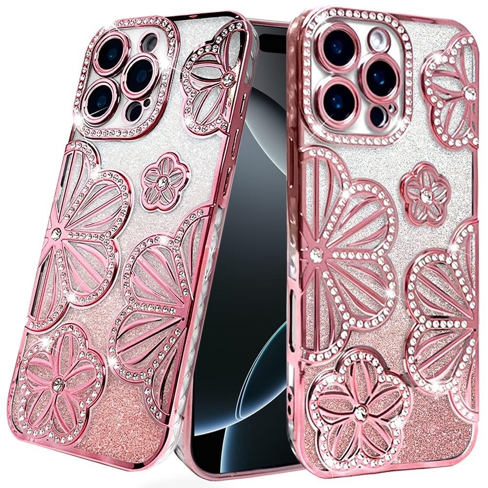 for iphone 16 pro 6.3 inch shimmer glitter floral design thick tpu case cover rose gold