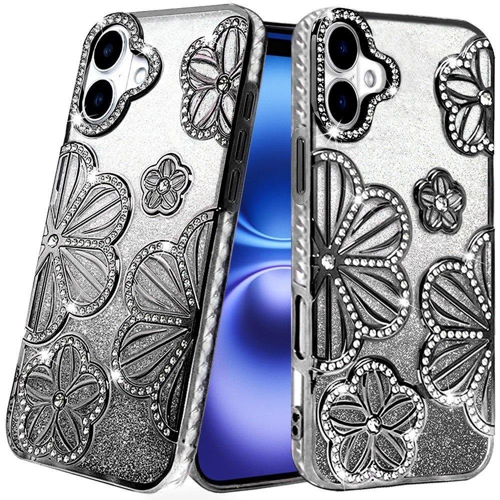 for iphone 17 shimmer glitter floral design thick tpu case cover black