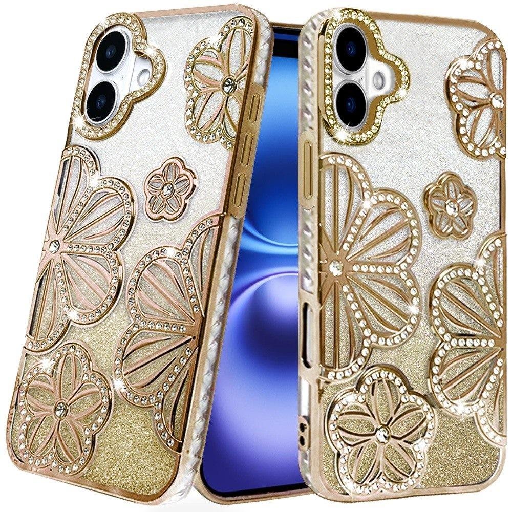 for iphone 17 shimmer glitter floral design thick tpu case cover gold