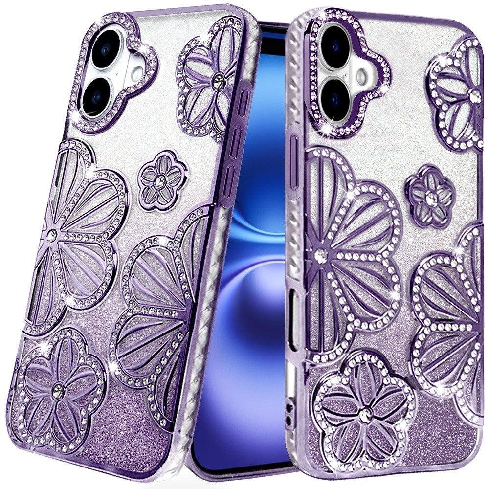 for iphone 17 shimmer glitter floral design thick tpu case cover purple