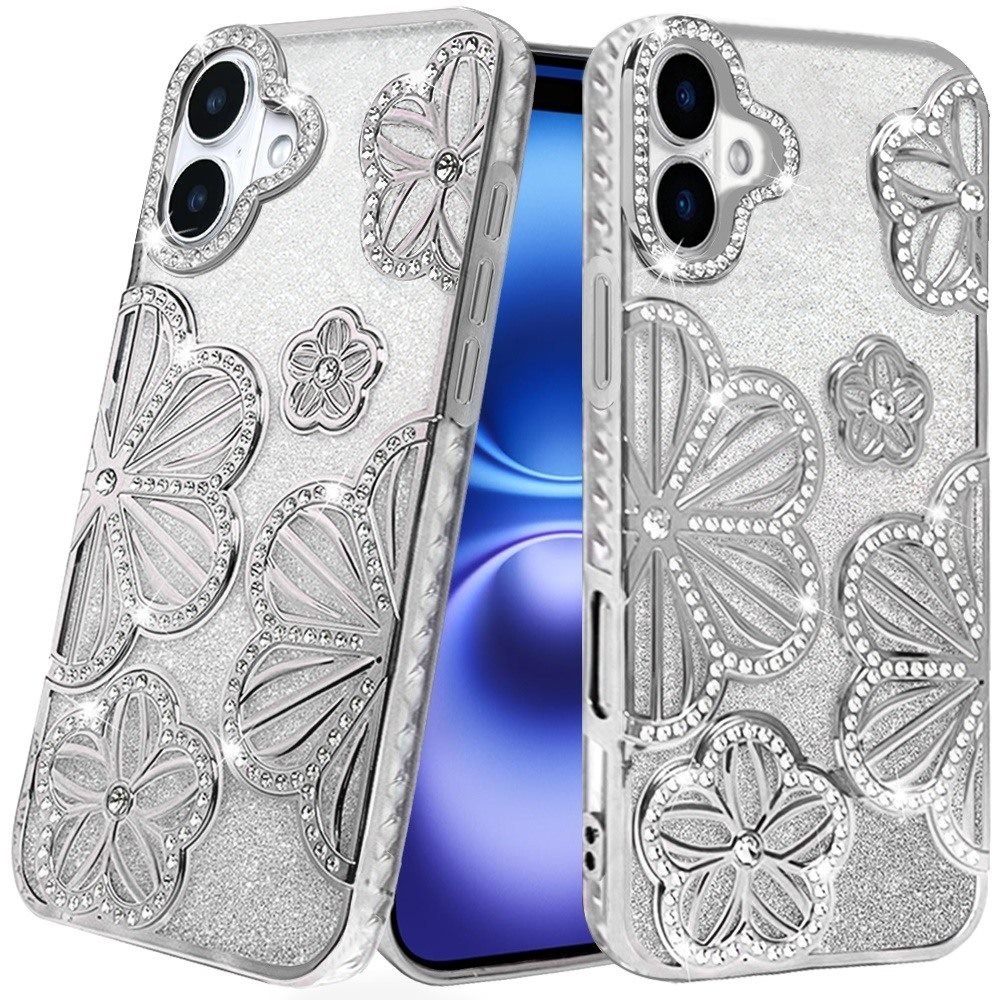 for iphone 17 shimmer glitter floral design thick tpu case cover silver