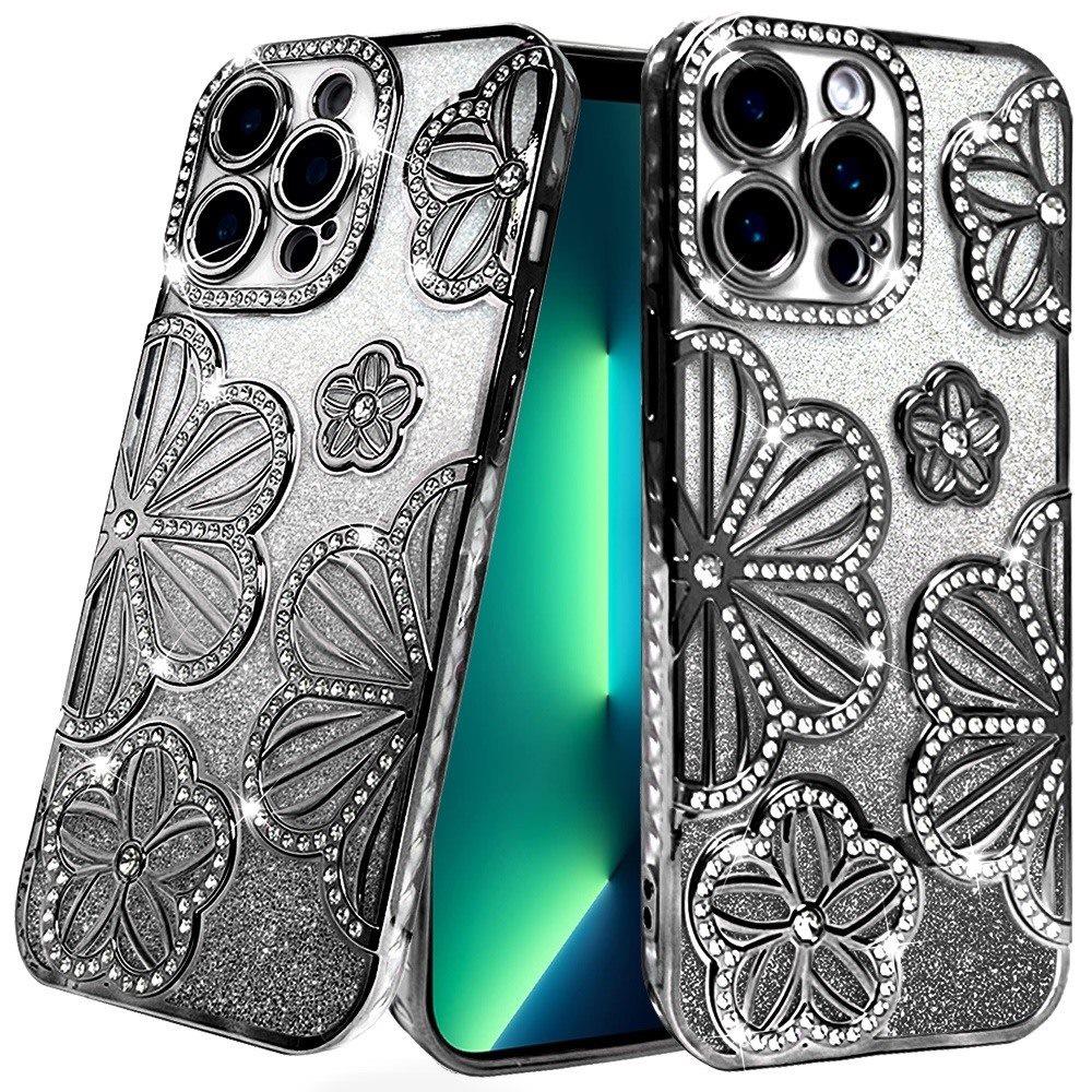 for iphone 13 pro max shimmer glitter floral design thick tpu case cover black