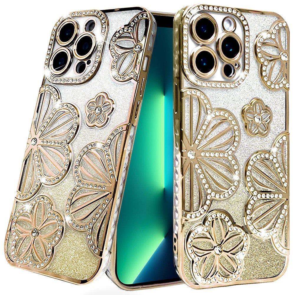 for iphone 13 pro max shimmer glitter floral design thick tpu case cover gold