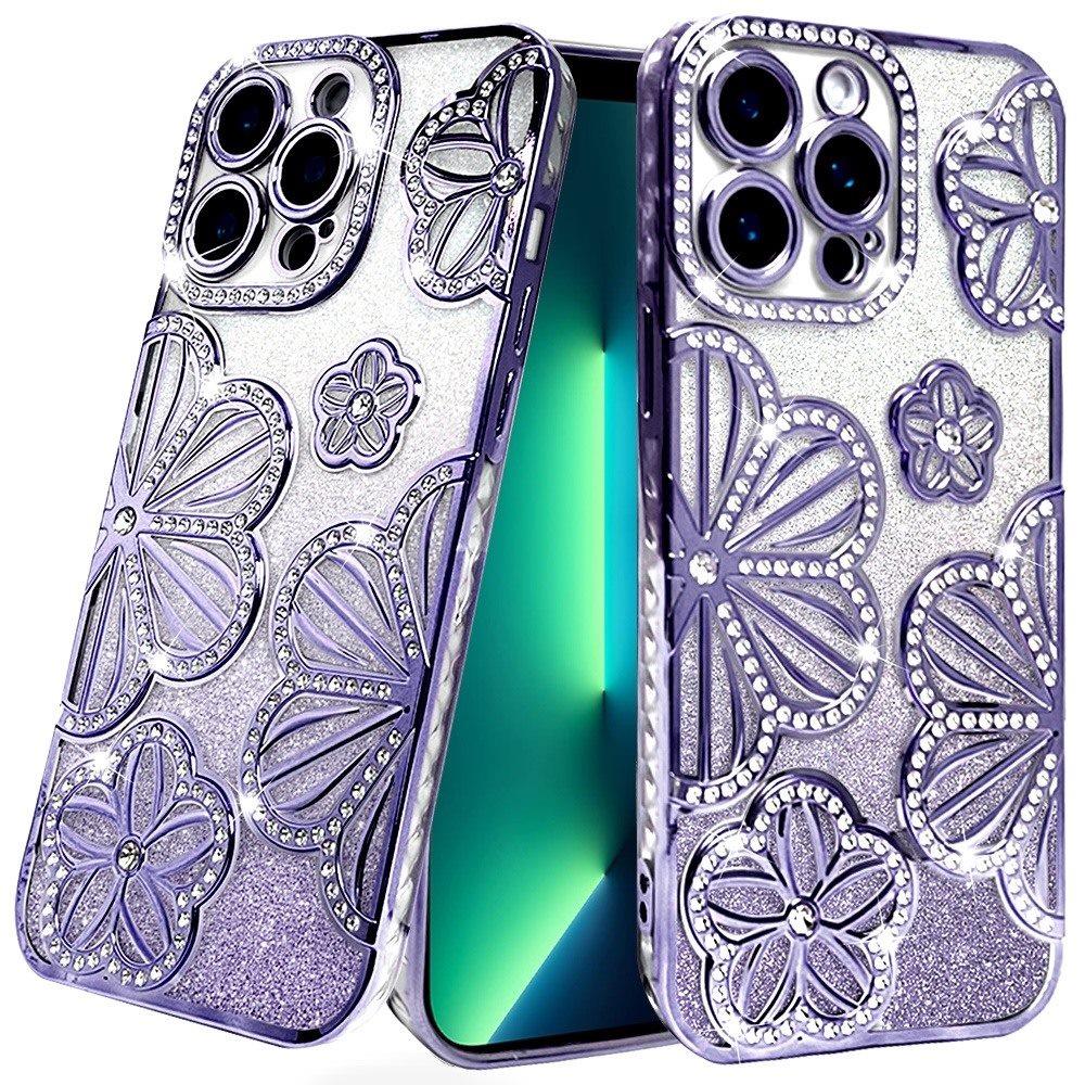 for iphone 13 pro max shimmer glitter floral design thick tpu case cover purple