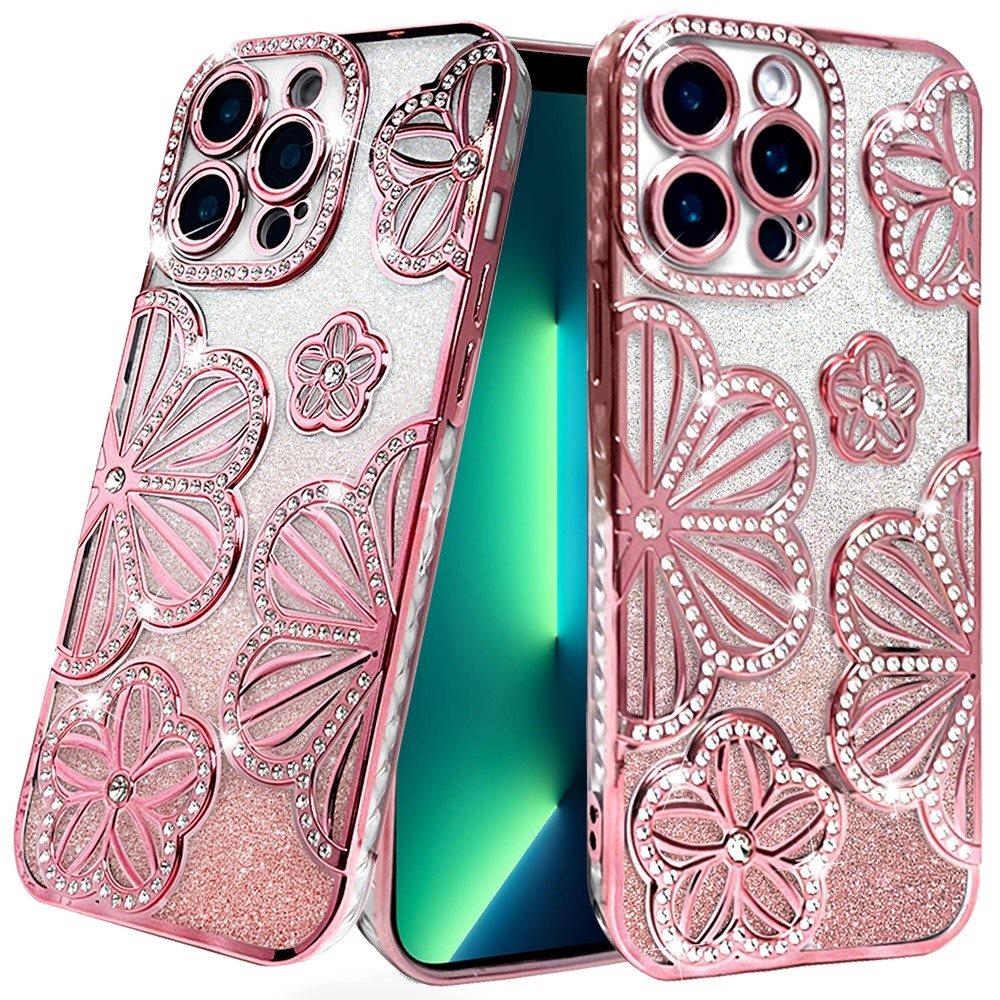for iphone 13 pro max shimmer glitter floral design thick tpu case cover rose gold