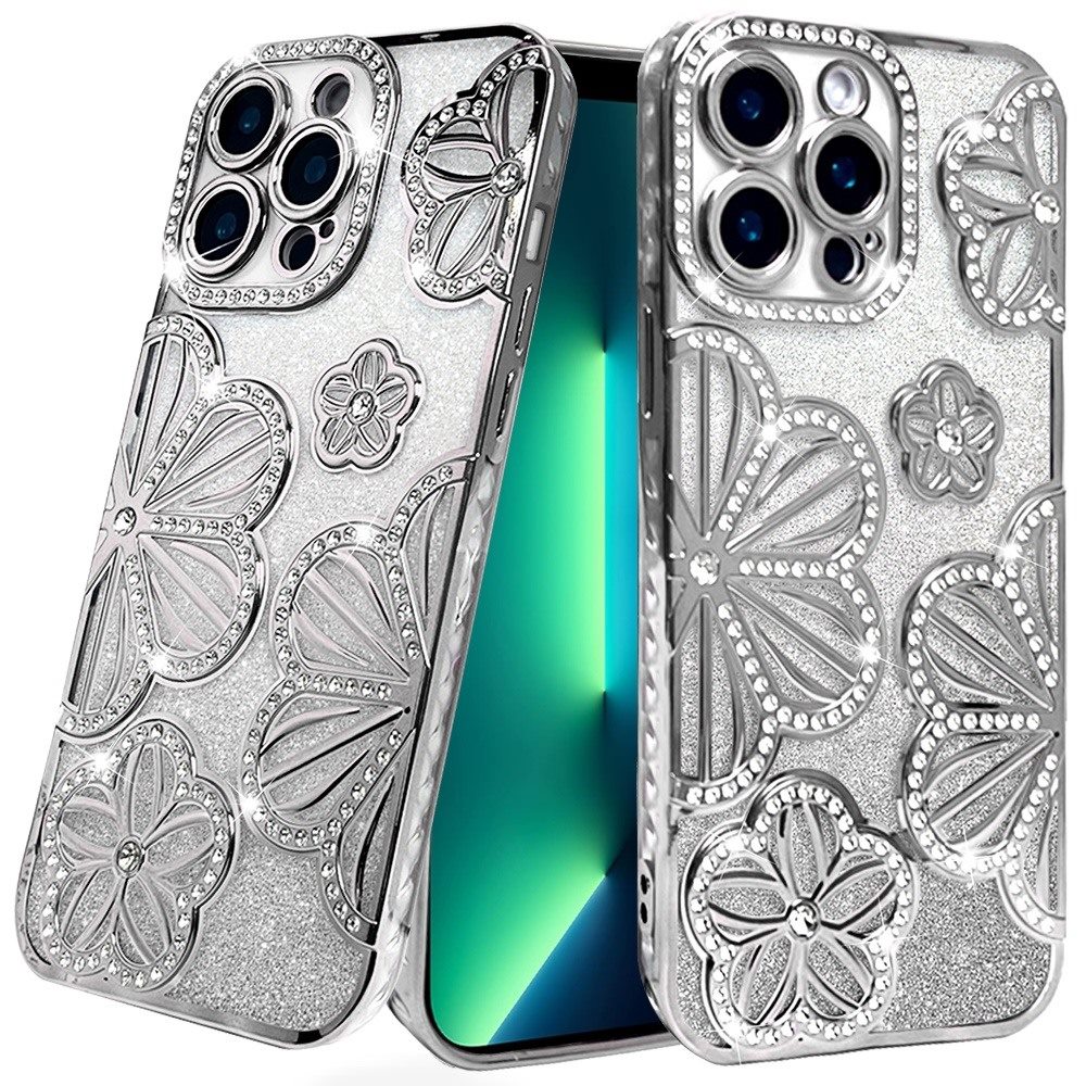 for iphone 13 pro max shimmer glitter floral design thick tpu case cover silver