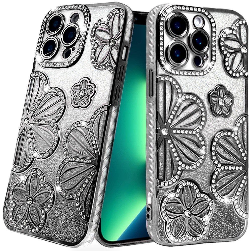 for iphone 13 pro shimmer glitter floral design thick tpu case cover black