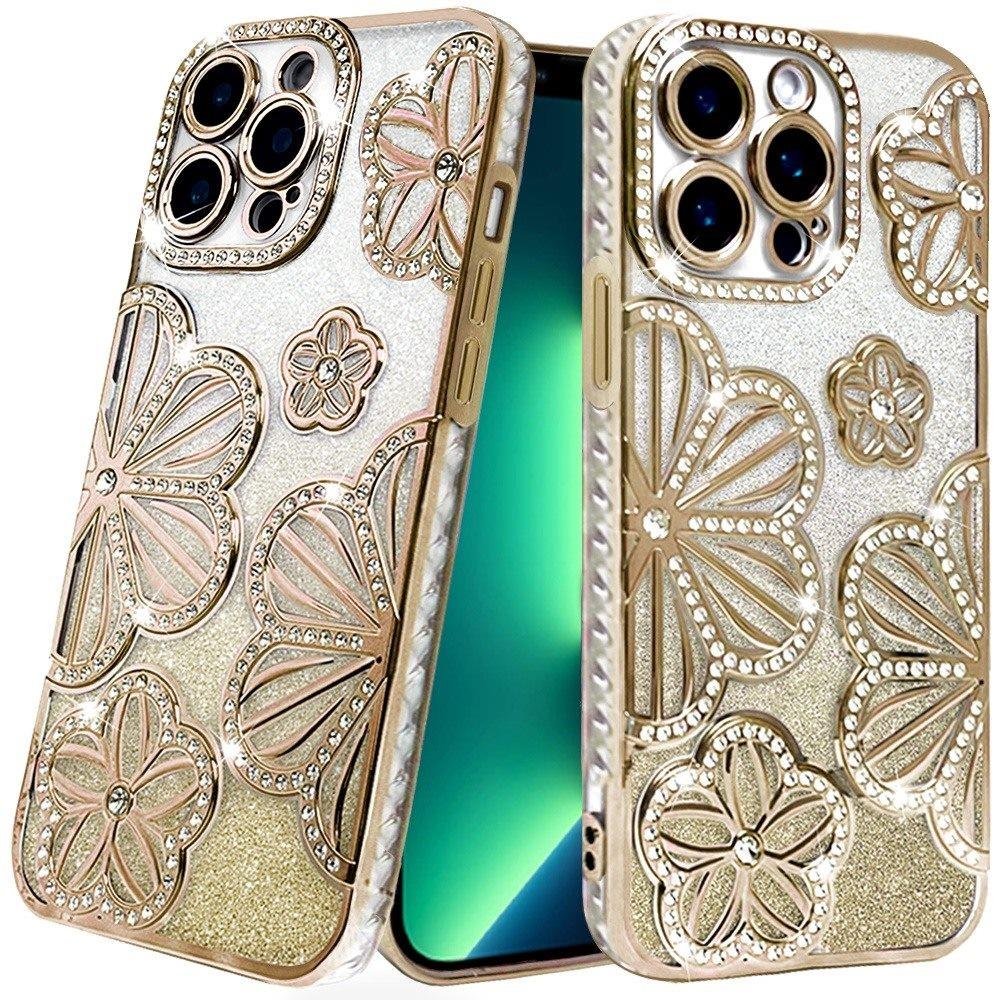 for iphone 13 pro shimmer glitter floral design thick tpu case cover gold