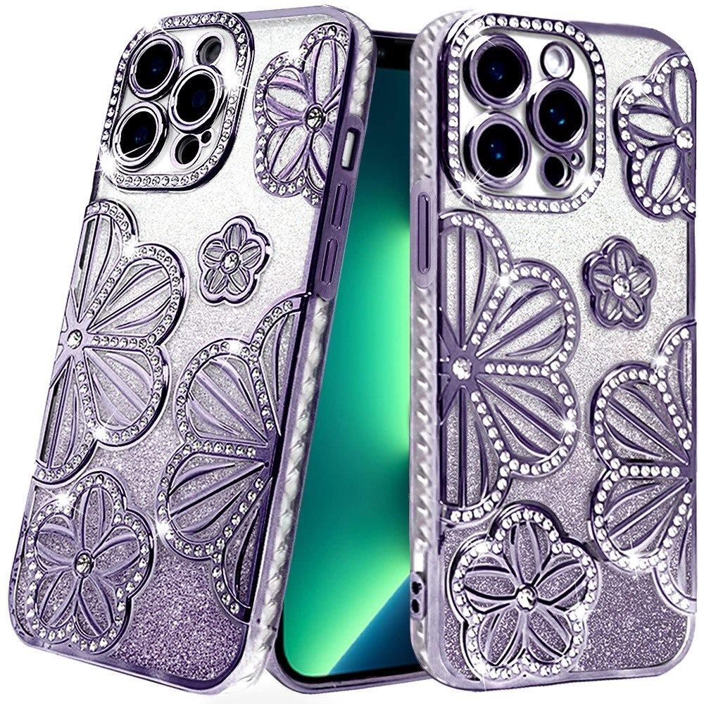 for iphone 13 pro shimmer glitter floral design thick tpu case cover purple