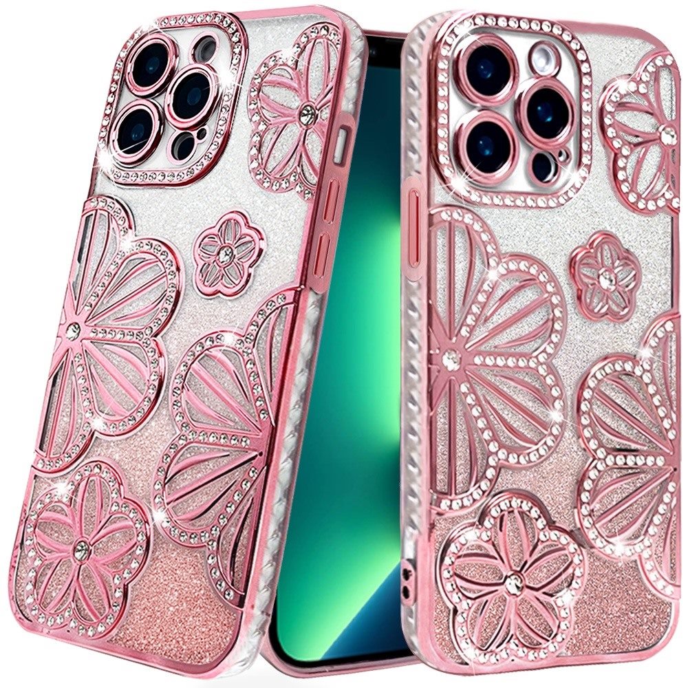 for iphone 13 pro shimmer glitter floral design thick tpu case cover rose gold
