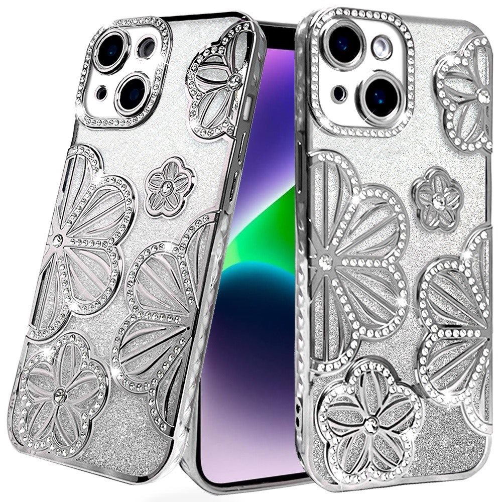 for iphone 13/14 shimmer glitter floral design thick tpu case cover silver