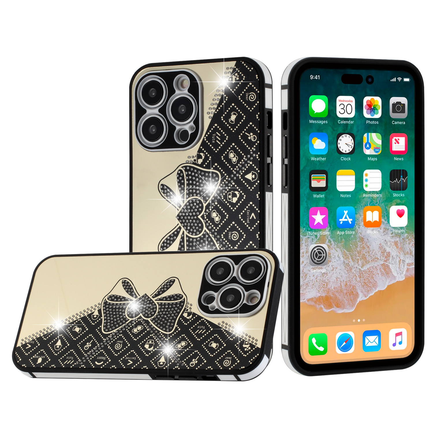 for apple iphone 14 pro 6.1" splendid glitter bow design tpu case cover black
