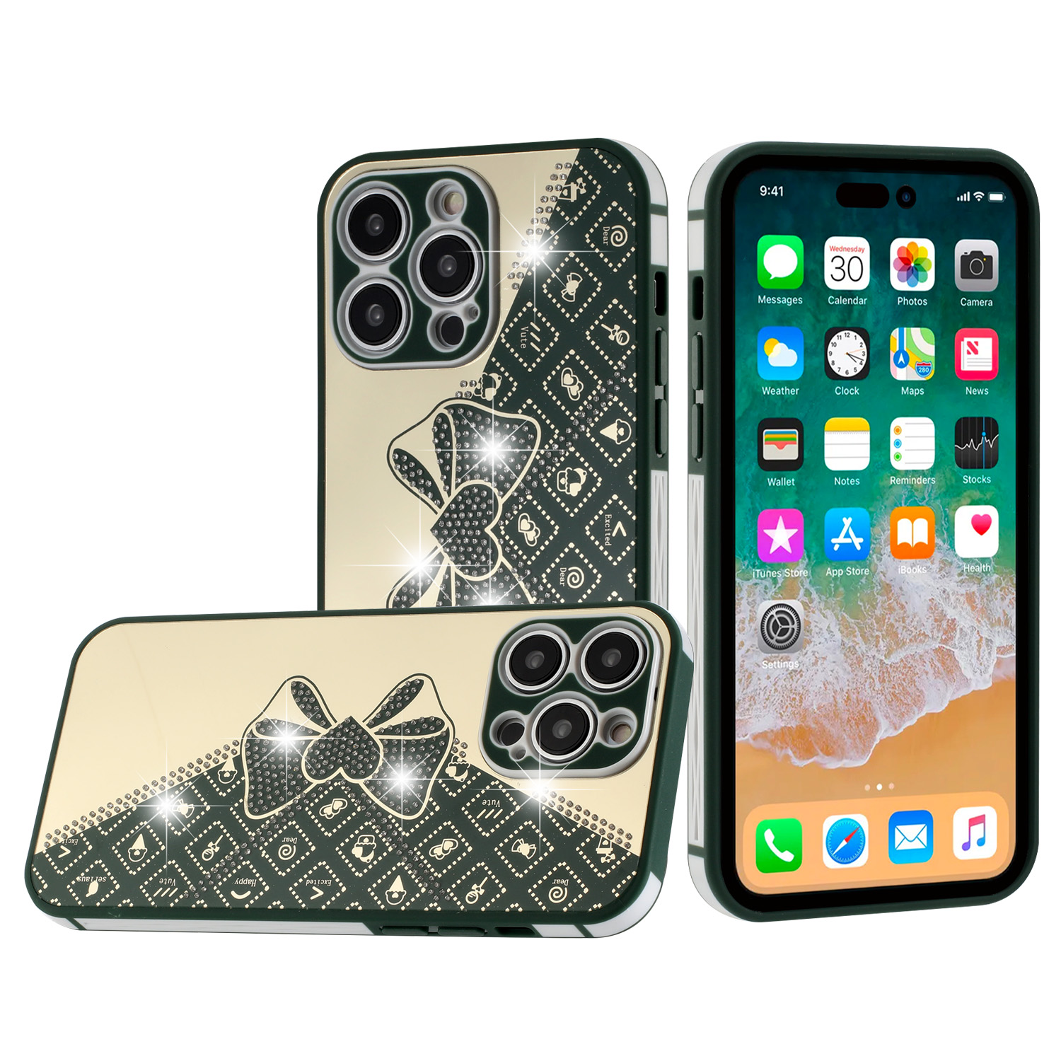 for apple iphone 14 pro 6.1" splendid glitter bow design tpu case cover midnight green
