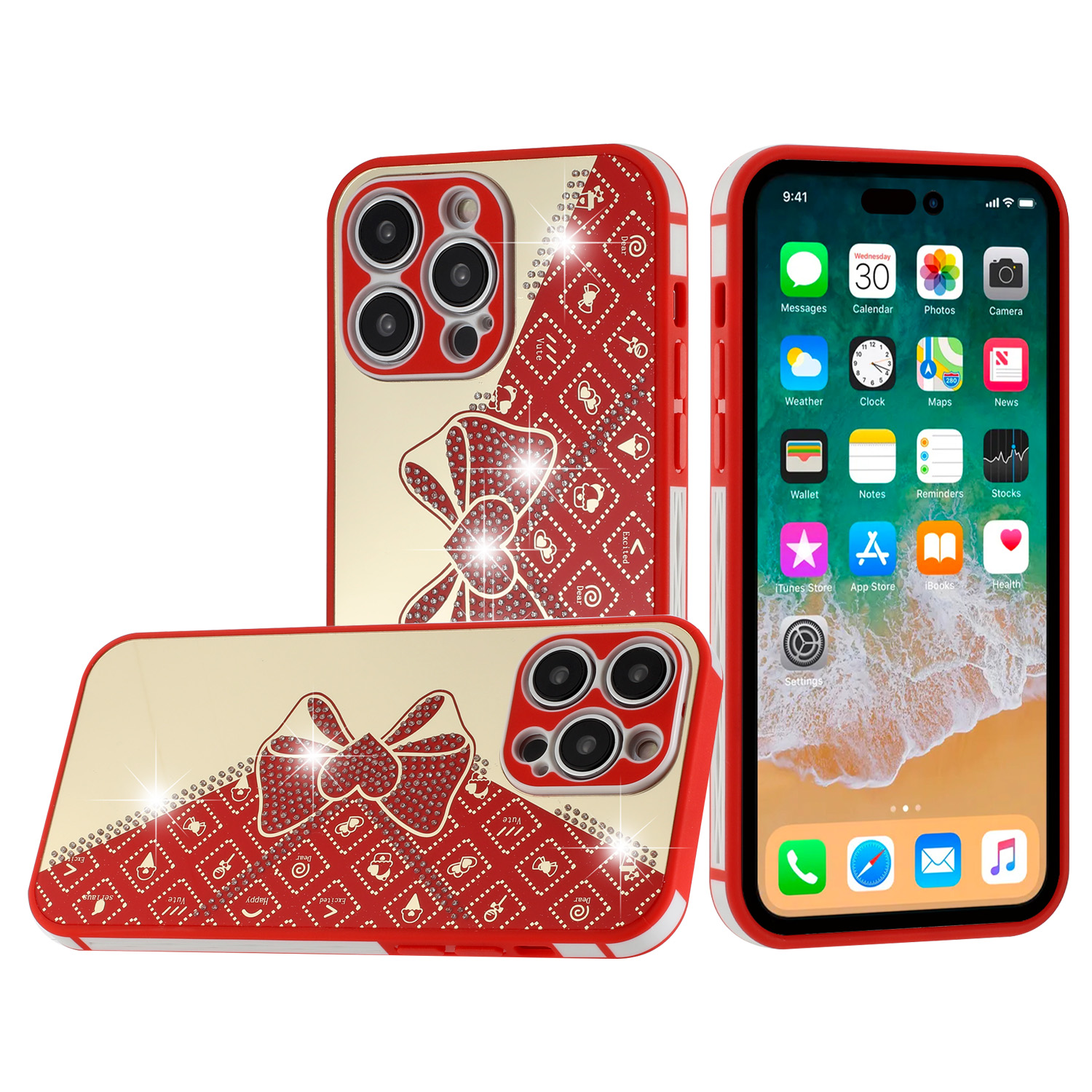 for apple iphone 14 pro 6.1" splendid glitter bow design tpu case cover red