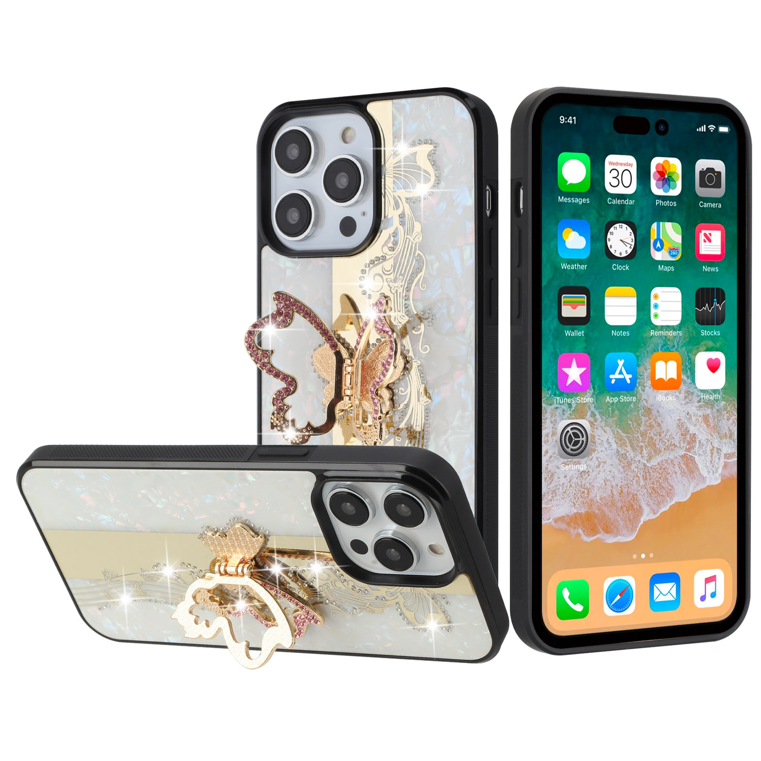 for iphone 13 pro max splendid diamond glitter ornaments engraving case cover enchanted butterfly white