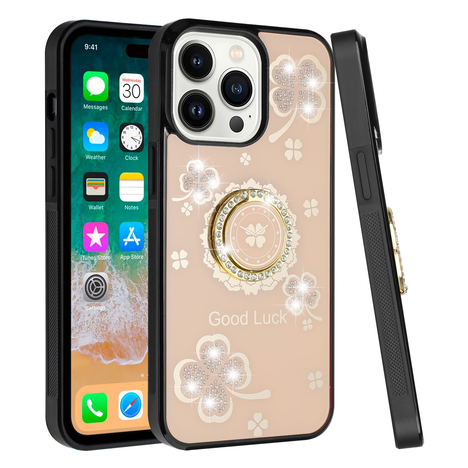 for iphone 15 splendid diamond glitter ornaments engraving case cover good luck floral gold