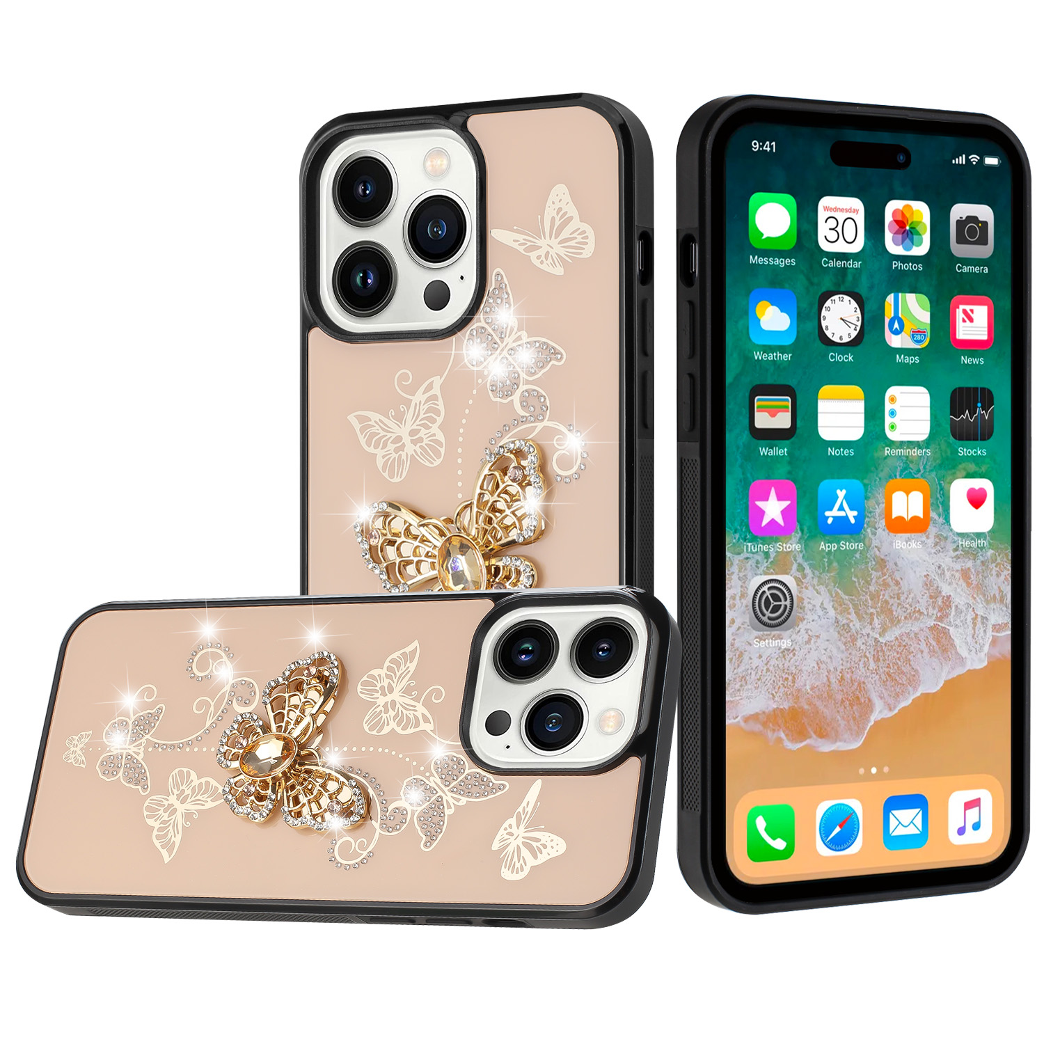 for ip15 pro max splendid diamond glitter ornaments engraving case cover garden butterflies gold