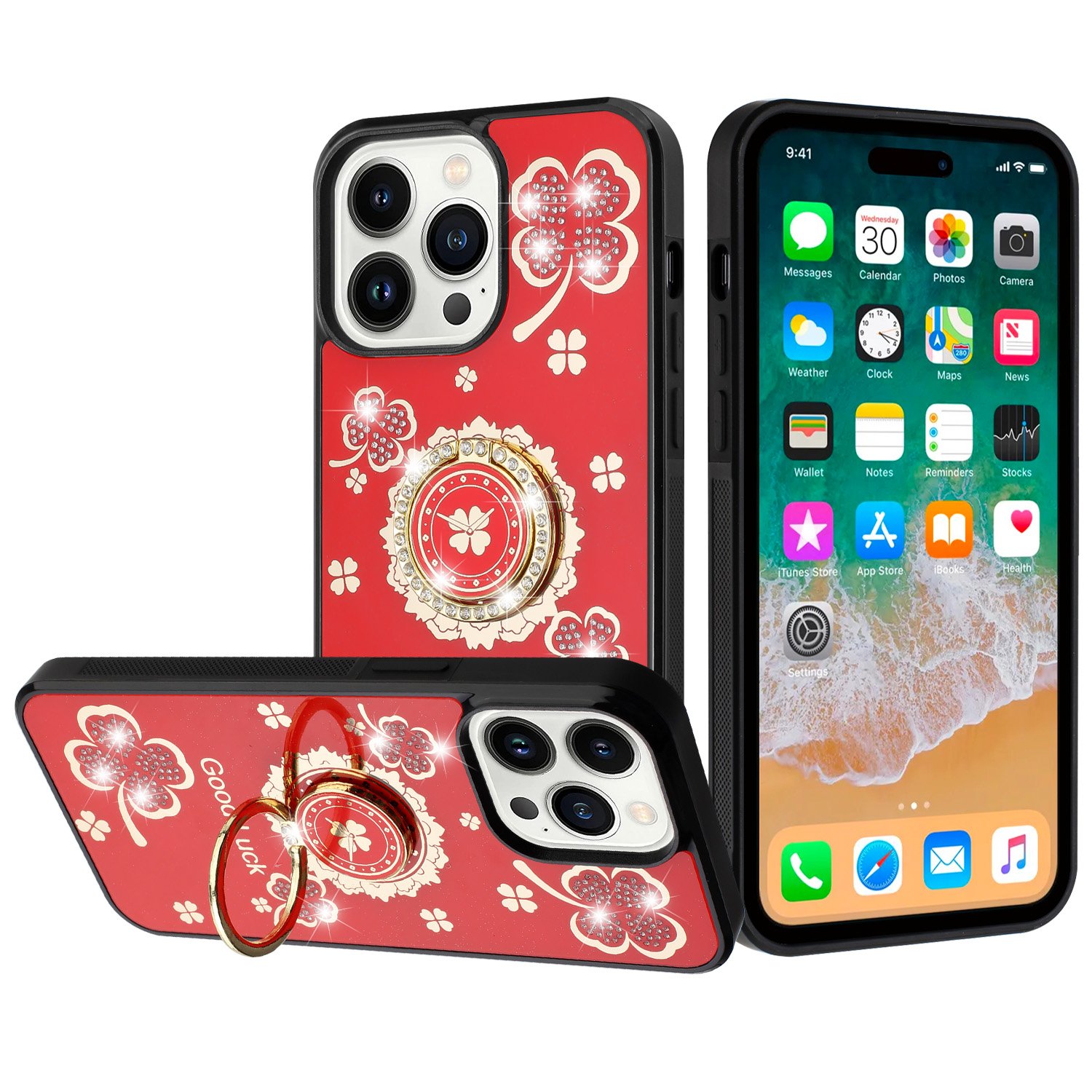 for iphone 15 splendid diamond glitter ornaments engraving case cover good luck floral red