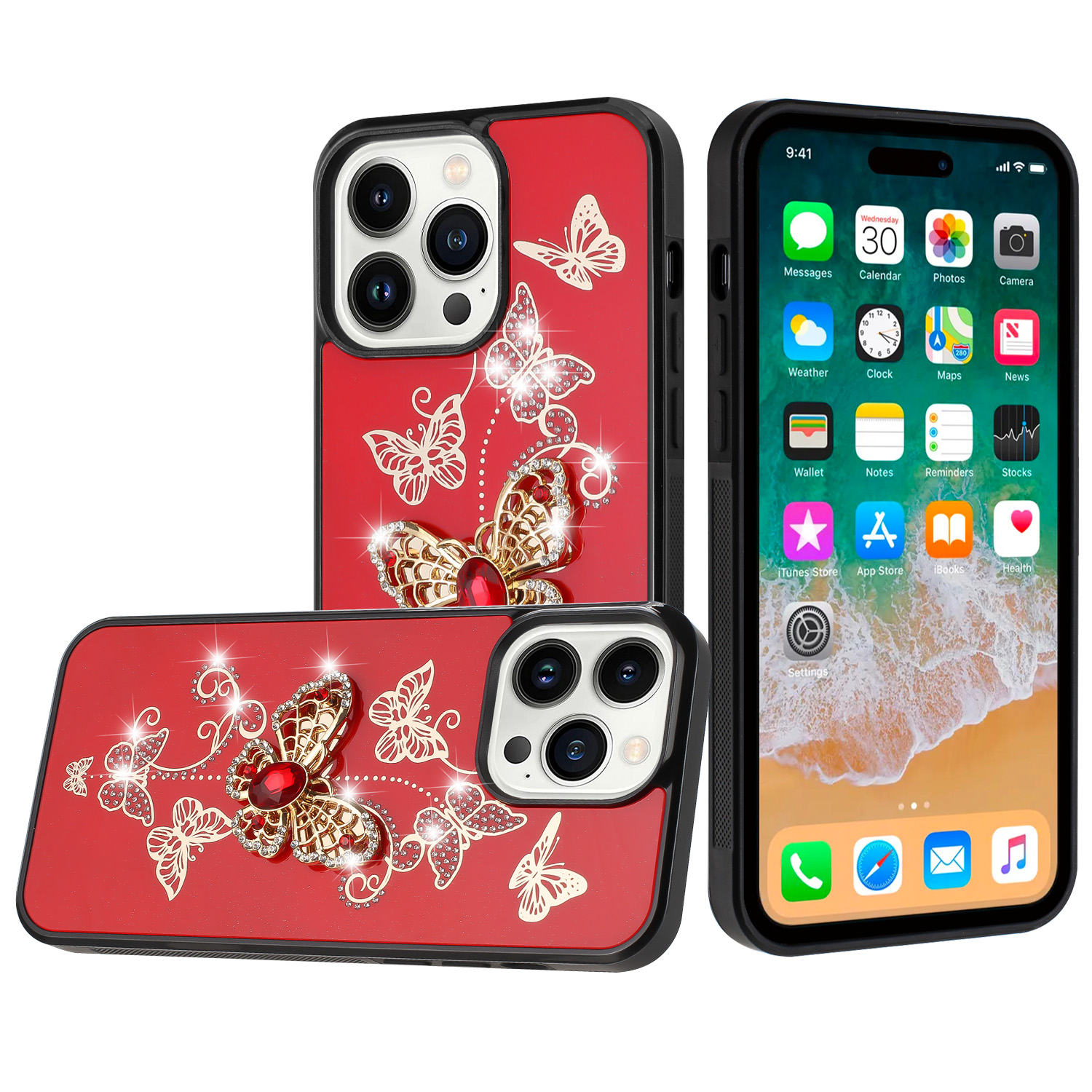 for iphone 15 pro splendid diamond glitter ornaments engraving case cover garden butterflies red