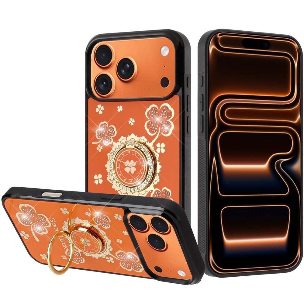 for iphone 17 pro splendid diamond glitter ornaments engraving case cover good luck floral cosmic orange