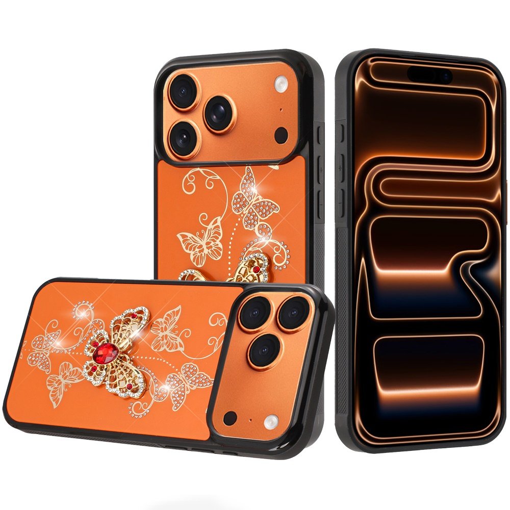 for iphone 17 pro splendid diamond glitter ornaments engraving case cover garden butterflies cosmic orange
