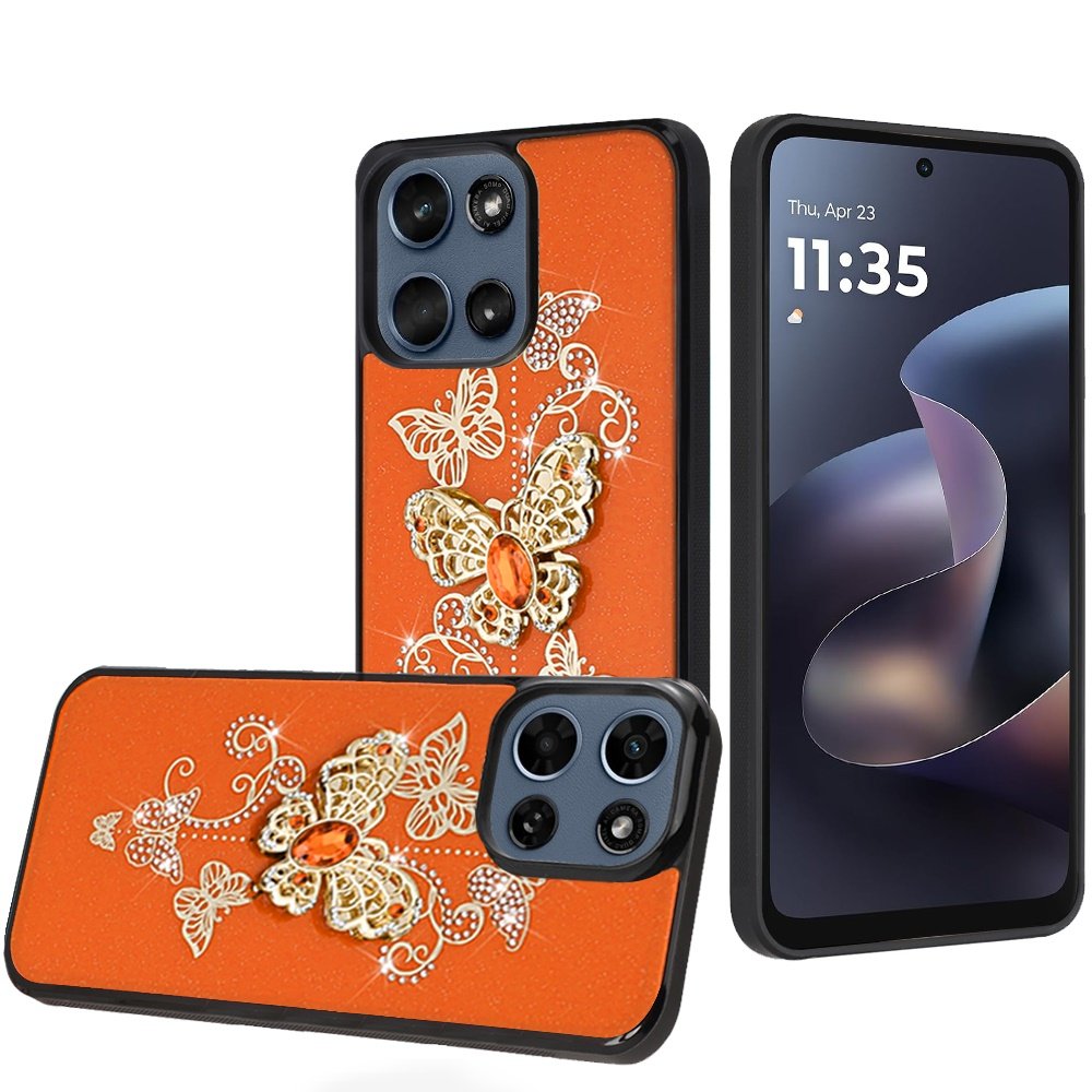 for moto g 5g 2025/2026 / g play 2026 splendid diamond glitter ornaments engraving case cover garden butterflies cosmic orange